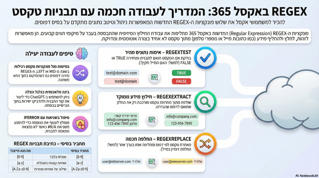 תרשים המפרט את פונקציות ה-REGEX החדשות באקסל 365: REGEXTEST לאימות תבניות , REGEXEXTRACT לחילוץ טקסט , ו-REGEXREPLACE להחלפת נתונים על בסיס דפוסים , בתוספת דוגמאות לתחביר בסיסי כמו אותיות וספרות.