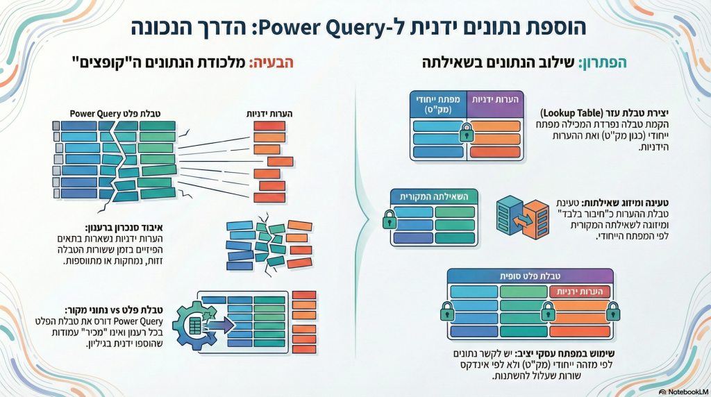 תרשים זרימה המסביר את שיטת Self-Referencing Tables למניעת קפיצת נתונים ידניים ברענון Power Query