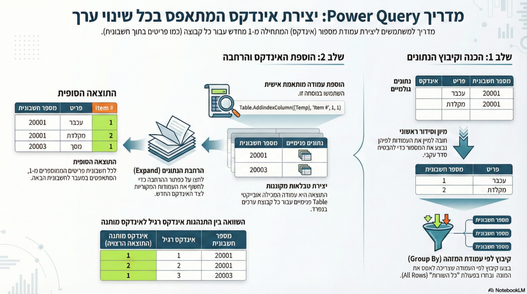 מדריך ליצירת אינדקס מותנה ב-Power Query. למדו איך ליצור מספור שמתחיל מ-1 ומתאפס מחדש בכל פעם שערך בעמודה משתנה, בטכניקה פשוטה של קיבוץ נתונים.