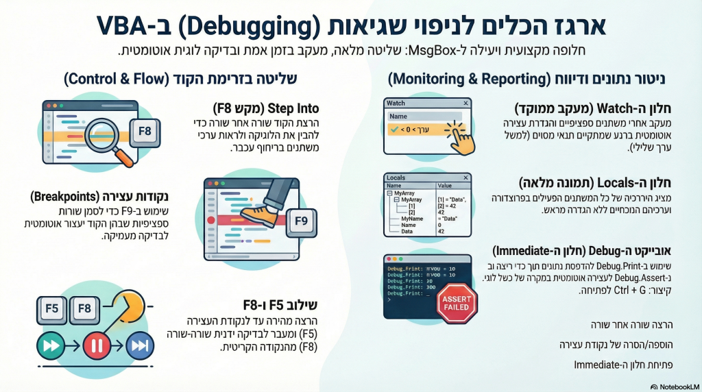 המדריך המלא לניפוי שגיאות (Debugging) ב-VBA. הפסיקו לנחש באמצעות MsgBox והתחילו לעבוד עם הכלים המקצועיים: שליטה בקצב הריצה (F8), מעקב אחר משתנים בחלונות Watch ו-Locals, שימוש בנקודות עצירה (Breakpoints) ושימוש באובייקט Debug לניטור מתקדם.