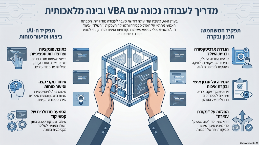 השימוש ב-AI לכתיבת קוד VBA מבטיח חיסכון בזמן, אך לעיתים קרובות מוביל להשקעה מרובה בתיקון שגיאות. המאמר מסביר מדוע חשוב להגדיר את הארכיטקטורה בעצמכם ולהיעזר ב-AI רק למשימות נקודתיות ומודולריות